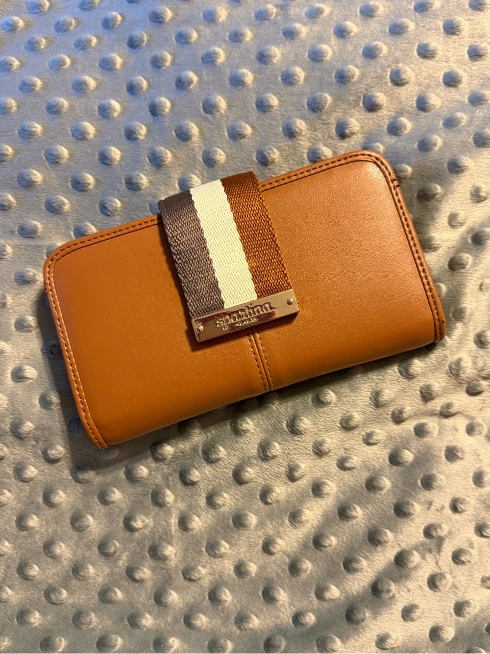Spartina 449 Caramel Leather Zip Wallet with Brown and Cream Stripe